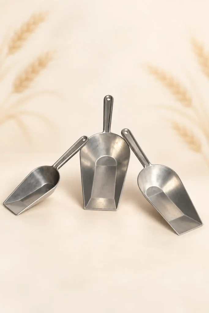 Zestaw trzech aluminiowych szufelek w różnych rozmiarach